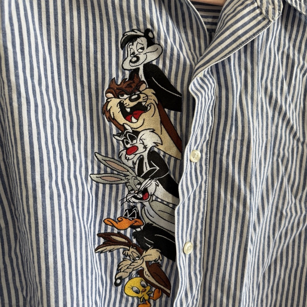 Vintage 1995 Warner Bros Looney Tunes Striped Shirt Women Size M Cartoon - Picture 2 of 4